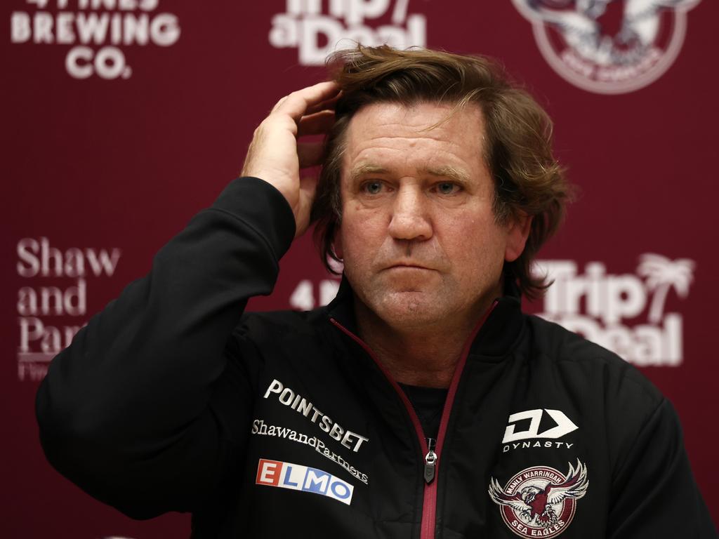 Sea Eagles coach Des Hasler fronted the media to apologise to players and the LGBTQIA+ community. Picture: Matt King/Getty Images