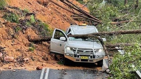 A Bellingen Shire Council vehicle was damaged by one of the landslips on Waterfall Way.