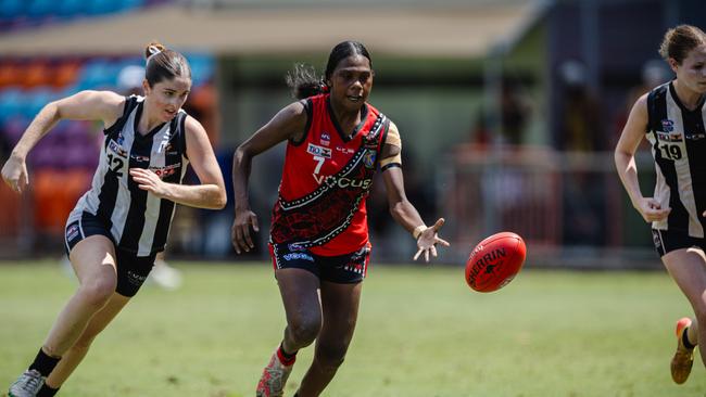 Maria Rioli and Hannah Torsney as the Palmerston Magpies took on the Tiwi Bombers in the 2024-25 NTFL women's elimination final. Picture: Pema Tamang Pakhrin