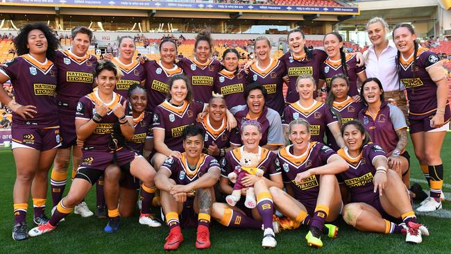 Broncos players celebrate their trial match against the PNG Orchids at Suncorp Stadium. Picture: AAP