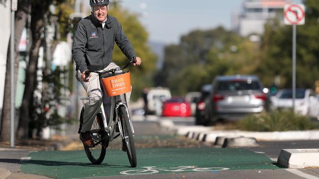 PeopleForBikes president Tim Blumenthal on the Frome St Bikeway. Picture: Dean Martin