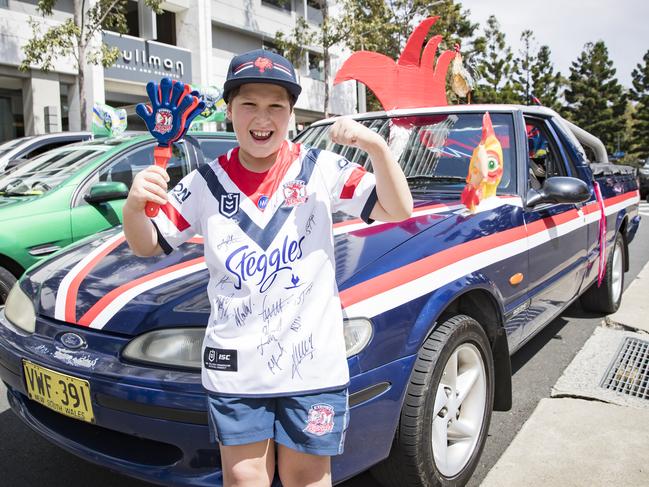 Roosters fan Max Mulliett from Toongabbie before the showdown. Picture: Dylan Robinson