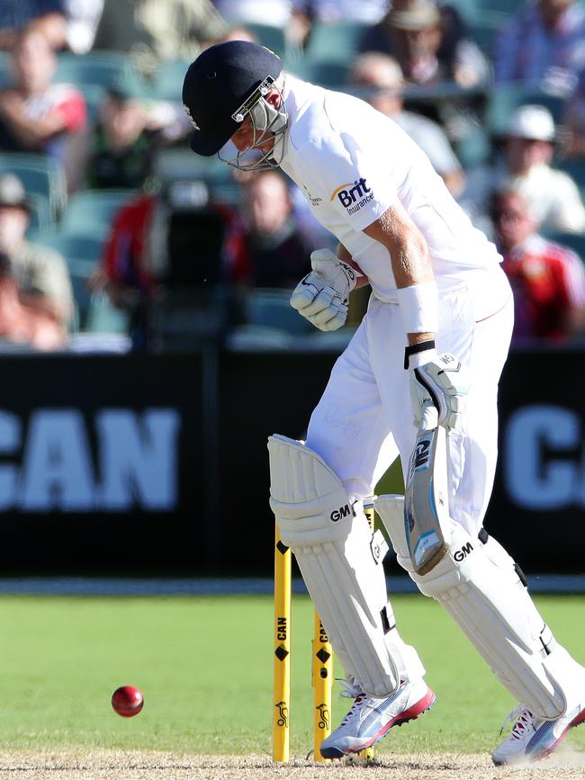 Joe Root wears a Mitch Johnson ball during the 2013 Ashes.