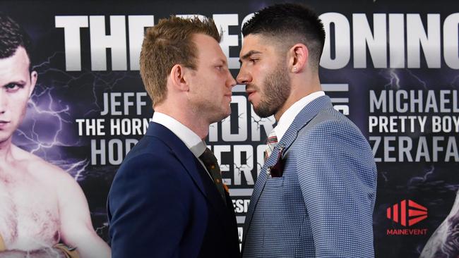 There was plenty of feeling between Jeff Horn and Michael Zerafa at the official announcement of their re-match on Thursday. Picture: AAP