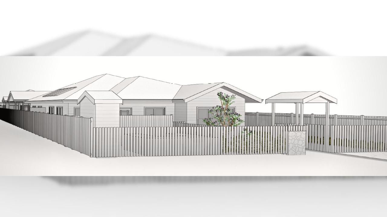 Concept art for four new smart units on Haig Street in South Toowoomba, which will feature a communal vegetable garden, solar power hooked to a battery, extra insulation and a number of energy-efficient design features. Architecture by Lockhart Drafting and Design.