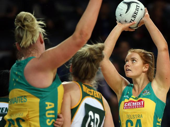 27.08.2016 Australia's Stephanie Wood in action during the Netball Quad Series match between South Africa and Australia at Vector Arena in Auckland. Mandatory Photo Credit ©Michael Bradley.
