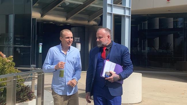 Brock Prime (left) leaves Southport Courthouse with his lawyer Campbell MacCallum, of Moloney MacCallum Abdelshahied Lawyers. Picture: Lea Emery