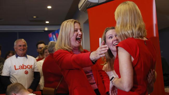 Minister Julie Collins member for Franklin with Labor candidate for Clark Heidi Heck and Labor candidate for Lyons Rebecca White. Labor gathering in Hobart at Bellerive Yacht Club. Federal election 2025. Picture: Nikki Davis-Jones