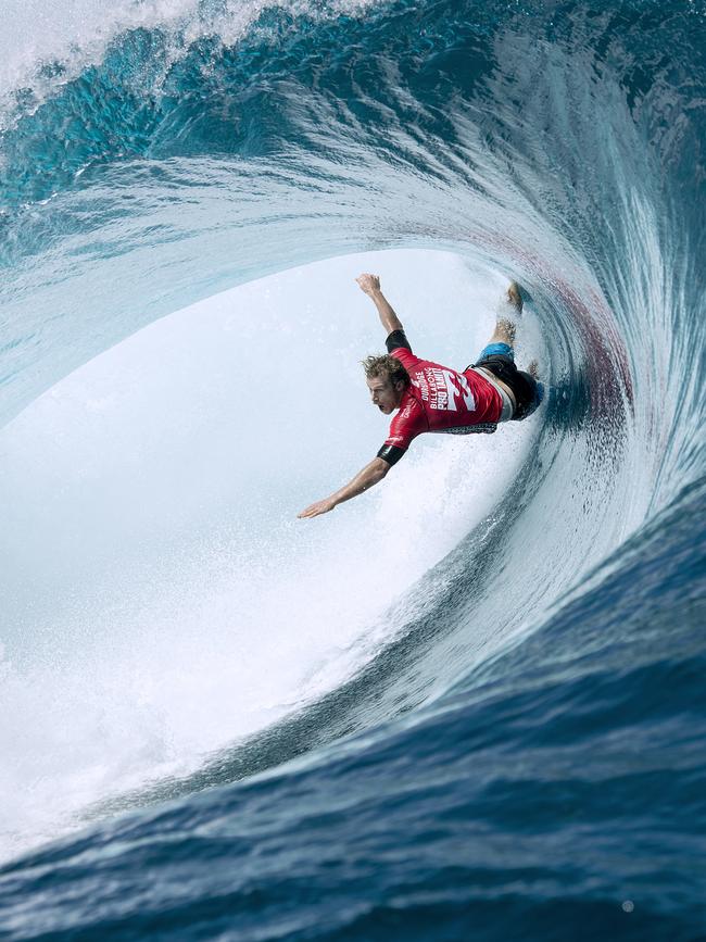 TEAHUPO'O, Tahiti (Monday, August 18, 2014): Bede Durbidge (Gold Coast, QLD/AUS) (pictured) won his Round 2 heat at Teahupo'o during the Billabong Pro Tahiti on Monday August 18, 2014.  Durbidge suffered some heavy wipeouts today and yesterday, but still managed to pull through some heavy barrels to advance into Round 3.