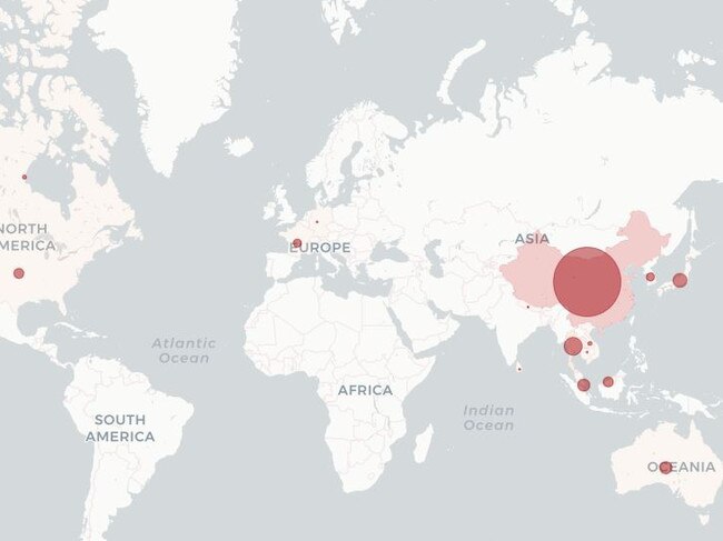 Tracking map showing the spread of the coronavirus over seven days. Picture: COVID-19 Tracker