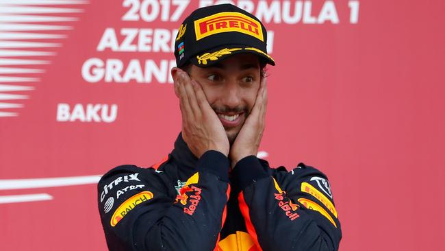 Ricciardo celebrates his podium performance in Baku, Azerbaijan in 2017. (Photo by Clive Rose/Getty Images)