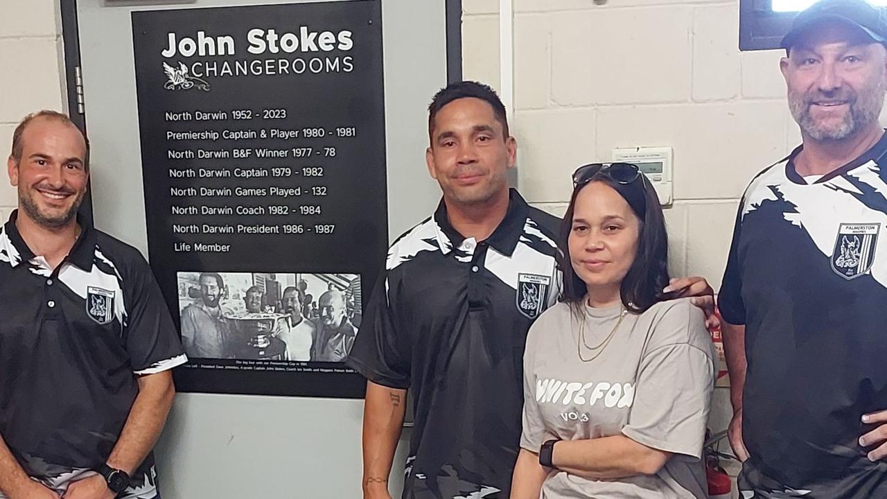 Palmerston Magpies club president Carmine Rauseo, Mathew Stokes, Amy Stokes and coach Mark Tyrrell at the newly named John Stokes changerooms.