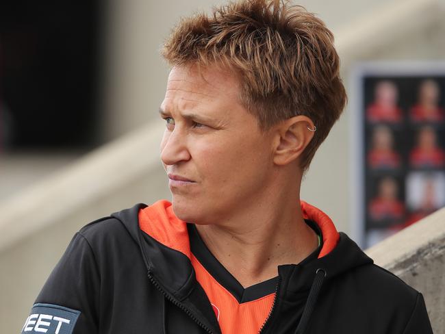 SYDNEY, AUSTRALIA - OCTOBER 31: Scorchers head coach Shelley Nitschke looks on during the Women's Big Bash League WBBL match between the Melbourne Renegades and the Perth Scorchers at Drummoyne Oval, on October 31, 2020, in Sydney, Australia. (Photo by Matt King/Getty Images)