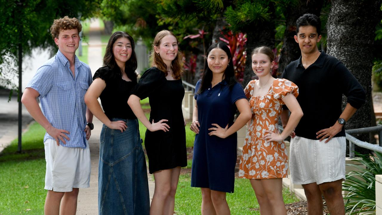 Townsville Grammar students Ted Muller, Naomi Kutash, Alyssa Curtis, Charlotte, To, Freya McManus and Almaz Hira are 6 of 10 students from the school who received an ATAR score of 99+. Picture: Evan Morgan