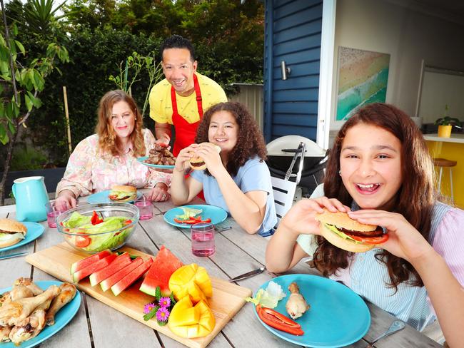 Coles shopper Samantha La Porte with daughters Grace, (front right), Stella 13, and husband Elton. Picture: Rebecca Michael