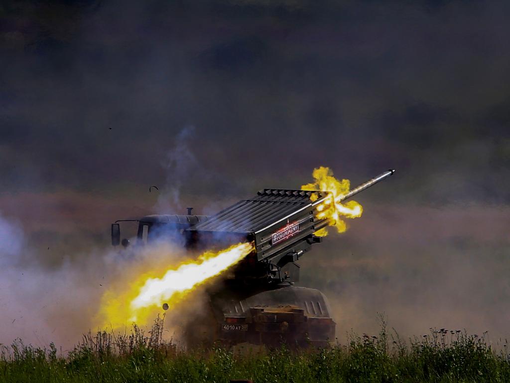 Russia’s Tornado-G MLRS Multiple Launch Rocket System shown at a military fair in 2019. Picture: Sefa Karacan/Anadolu Agency/Getty Images