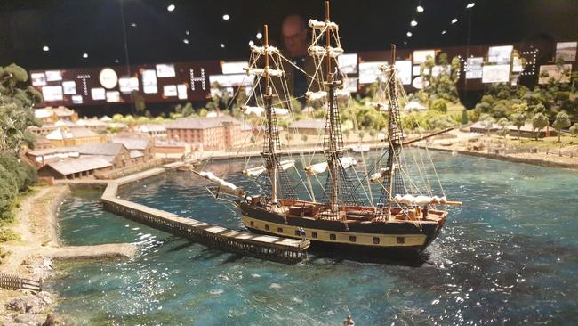 The huge 3.5 metre by 2.5 metre three-dimensional model of Port Arthur is built to scale and depicts the site in 1870. The model was created in 1973 by Tasmanian artist Audrey Flockart, who spent more than two years creating the exact scale of the site and all its details by hand. It includes more than 50 buildings, accurate topography, waterways, scale and shapes for all of the buildings from the convict period. Picture: Supplied