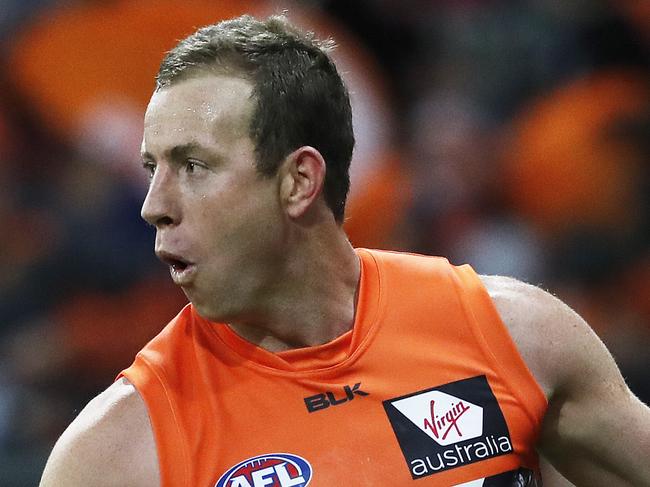 Giants Steve Johnson celebrates his last quarter goal during AFL match GWS Giants v Sydney Swans at Spotless Stadium. Picture. Phil Hillyard