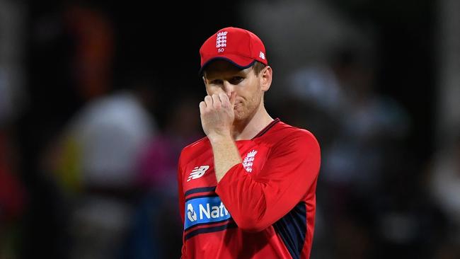 England player Eoin Morgan reacts after being knocked out of the Tri-Series.