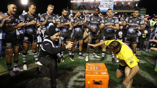 Cronulla sing the team song after a victory. Picture: Brett Costello