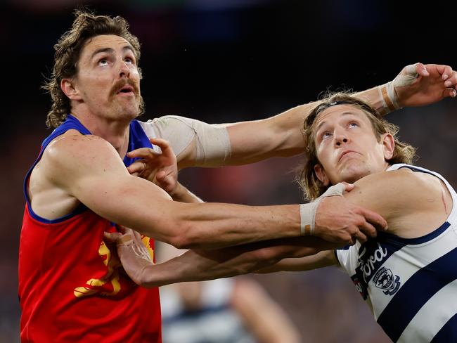 Pictured during the Lions come from behind preliminary final defeat of Geelong, Joe Daniher is one of the most important players in the grand final up forward and in the ruck. Picture: Dylan Burns/AFL Photos via Getty Images