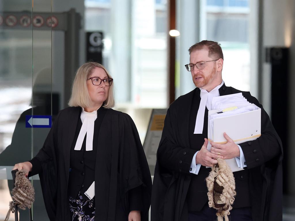 Barristers Amelia Loode and Angus Edwards KC leave court after Maree Crabtree’s case is heard in the Supreme Court, Brisbane. Picture: Liam Kidston