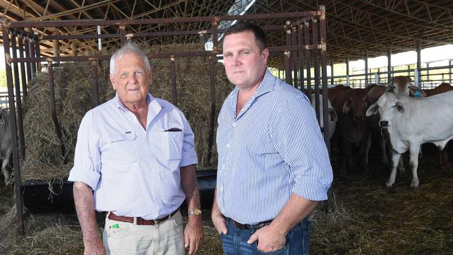 Father and son Colin and Hamish Brett at the Berrimah Farm Export feedlot, following the historic Federal Court ruling. Brett Cattle Company was the lead litigant in the class action against the 2011 live cattle export ban. Picture: Katrina Bridgeford