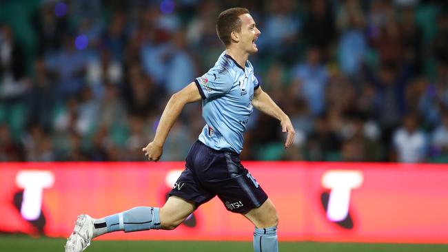 Sydney FC’s Brandon O'Neill celebrates his first-half goal against Melbourne Victory on Saturday night. Picture: AAP 