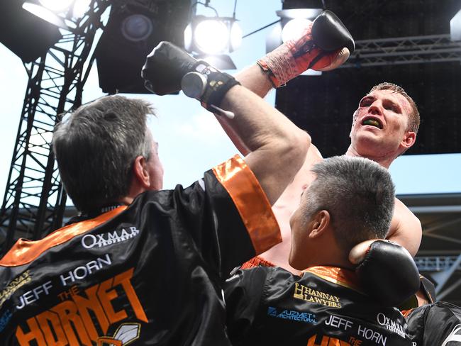 Jeff Horn of Australia celebrates his win against Manny Pacquiao.