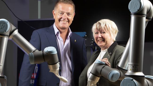 Flinders University Vice-Chancellor Professor Colin Stirling with BAE Systems head of industrial strategy Sharon Wilson in the Flinders University digital testing and trialling collaboration hub at Tonsley Innovation District. Picture: Emma Brasier