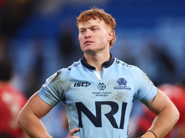 SYDNEY, AUSTRALIA - MAY 16: Tane Edmed of the Waratahs looks dejected after defeat during the round fourteen Super Rugby Pacific match between Waratahs and Crusaders at Allianz Stadium, on May 16, 2025, in Sydney, Australia. (Photo by Mark Kolbe Photography/Getty Images)