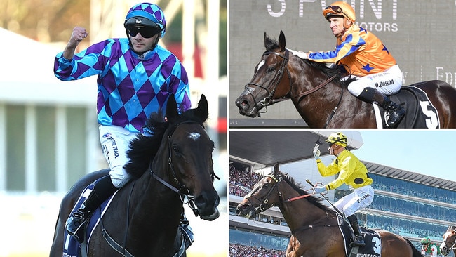 Declan Bates celebrates Pride of Jenni's Queen Elizabeth Stakes win last Saturday (left) and fellow horse of the year contenders Imperatriz (top right) and Without A Fight. Pictures: File