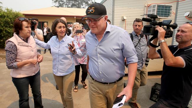 Prime Minister Scott Morrison and NSW Premier Gladys Berejiklian visit the Fire Control Centre at Wauchope. Picture: Nathan Edwards