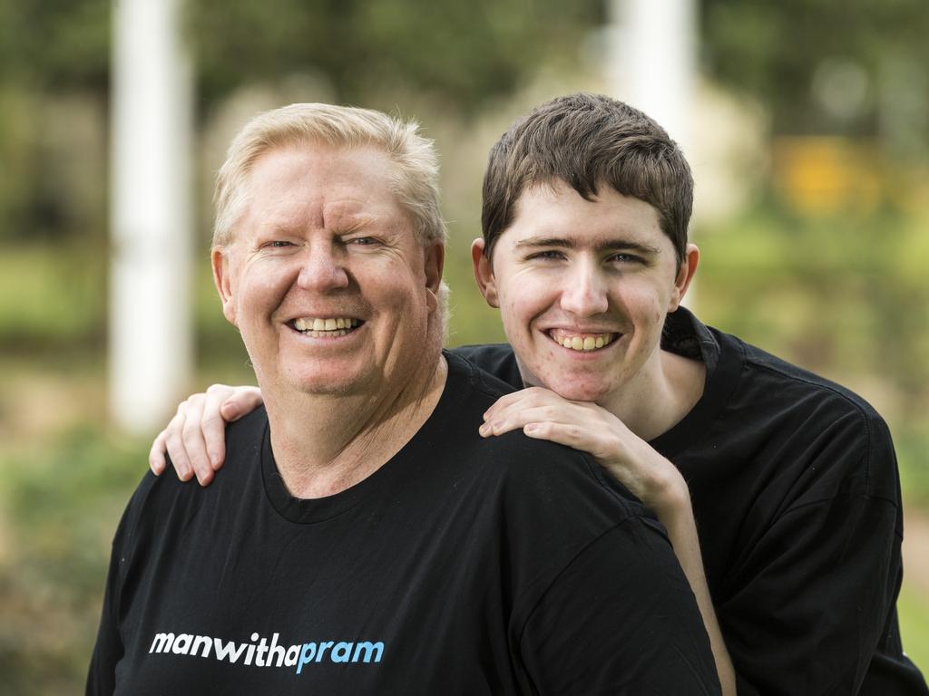 Kim Godfrey with his son Dylan Godfrey at the Man with a Pram event on Father's Day, Sunday, September 5, 2021. Picture: Kevin Farmer