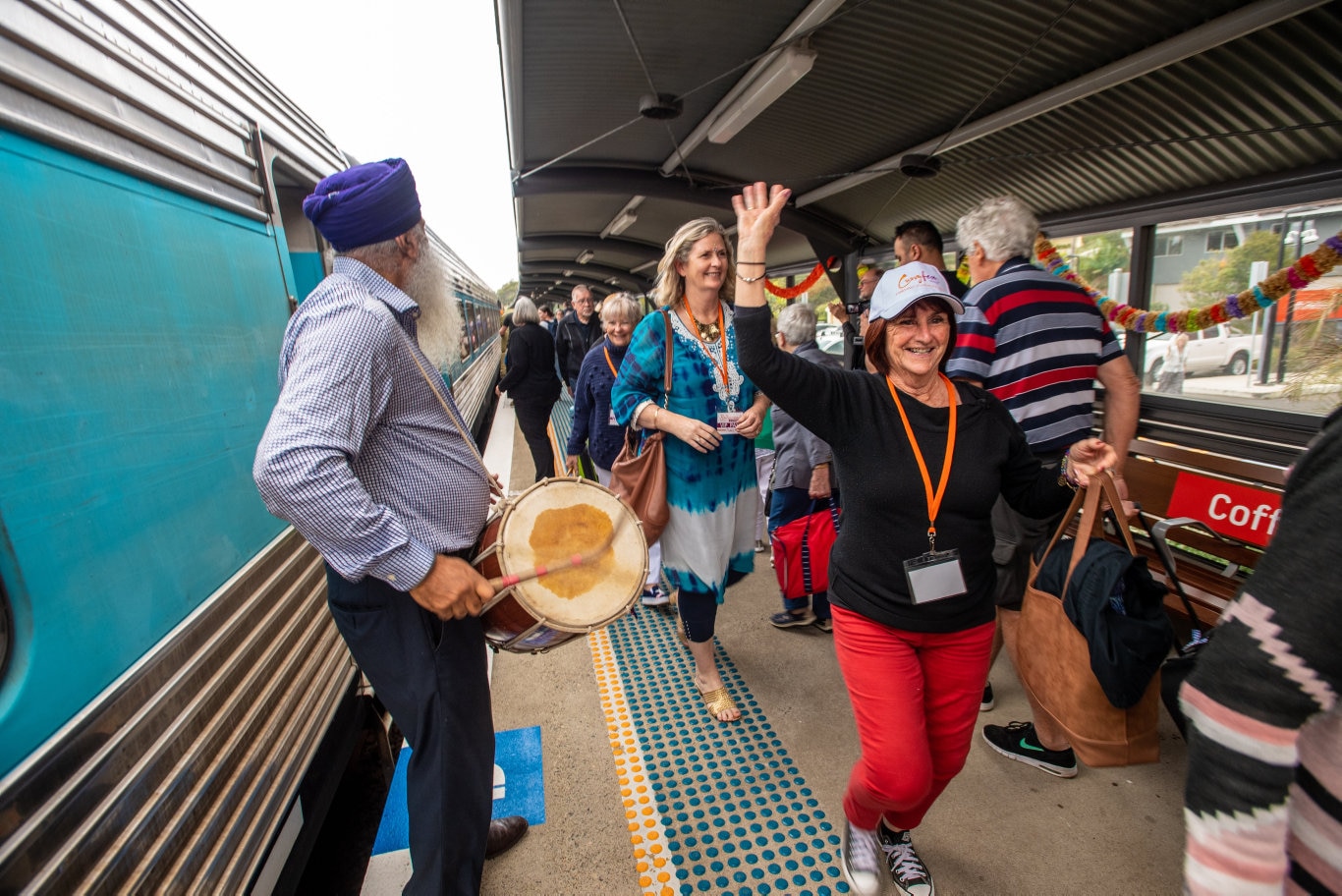 The Bollywood Express rolls into Coffs Harbour Train Station and is welcolmed by the Dance drumming of councillor John Arkan.. 26 SEPT 2019