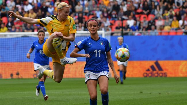 Matildas’ defender Clare Polkinghorne is battling a hamstring injury. Picture: AFP.