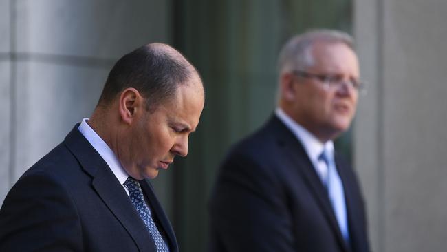 Treasurer Josh Frydenberg speaks to the media during the press conference at Parliament House in Canberra. Picture: AAP