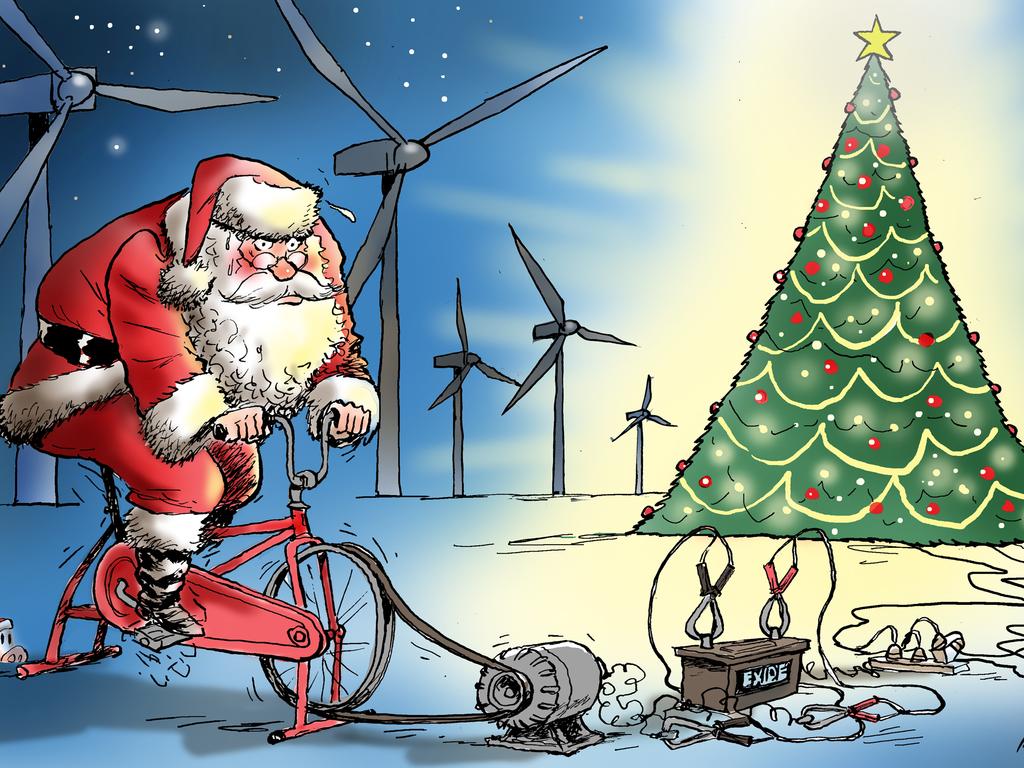 KIDS NEWS 2024: Mark Knight's 2024 Christmas card suggests Santa might have to pedal hard to keep the Christmas tree lights on as an energy supply crisis looms in Australia. Picture: Mark Knight