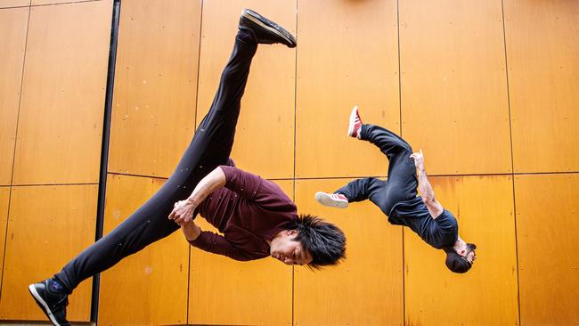 Chan Griffin, Mortal Kombat flight co-ordinator (left) with Anthony Rinna, Mortal Kombat stunt performer at Adelaide Studios, Glenside. Picture MATT TURNER.