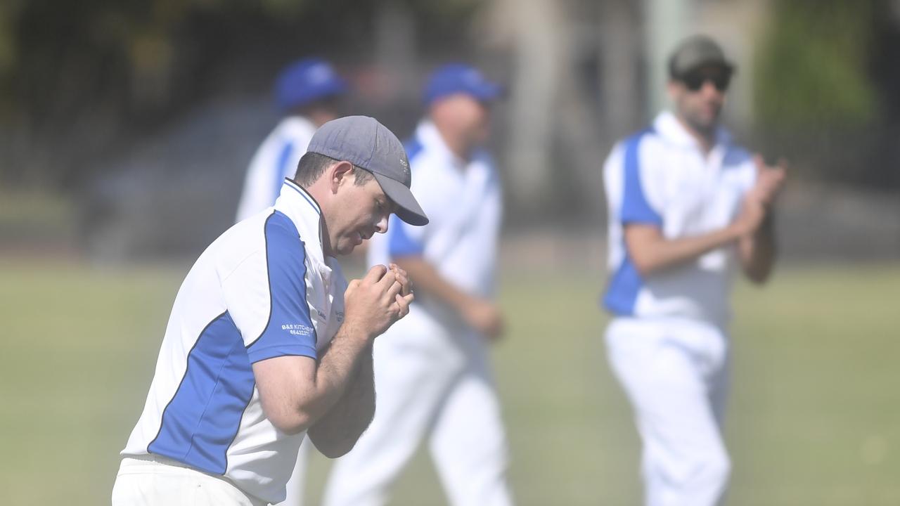 SAFE HANDS: Tim Bultitude holds onto a catch for Ulmarra Hotel Tucabia Copmanhurst from GDSC Easts/Westlawn Crown Hotel opener Brendan Cotten in the 2020/21 GDSC Premier League round two match at Lower Fisher Park.