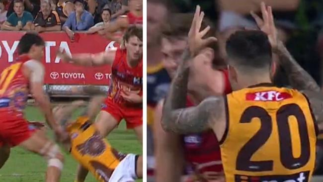 Chad Wingard was slammed by Kane Cornes. Photo: Fox Sports