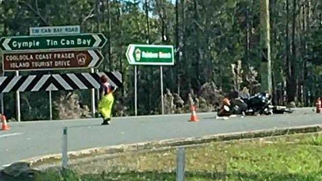 DEVASTATING SCENE: A Tin Can Bay father and businessman died when his motorbike crashed at the Rainbow Beach turn-off onSaturday morning.