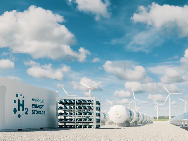 Modern hydrogen energy storage system accompaind by large solar power plant and wind turbine park in sunny summer afteroon light with blue sky and scattered clouds. 3d rendering.