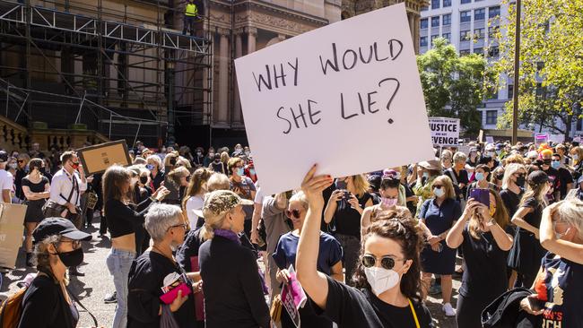 Protestors gather at Sydney’s Town Hall for the Women’s March 4 Justice on Monday. Picture: Jenny Evans/Getty