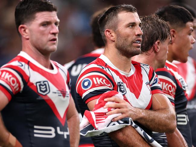 SYDNEY, AUSTRALIA - MARCH 06: James Tedesco of the Roosters reacts after a Broncos try during the round one NRL match between Sydney Roosters and Brisbane Broncos at Allianz Stadium on March 06, 2025, in Sydney, Australia. (Photo by Cameron Spencer/Getty Images)