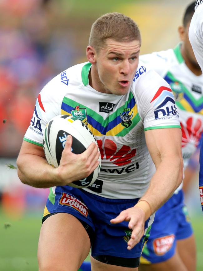 Raiders’ Glen Buttriss during the game between the Newcastle Knights and the Canberra Raiders at Hunter Stadium in 2014. Picture Gregg Porteous