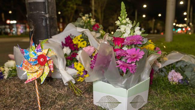 Tributes left at the site of a fatal car crash. Picture: Tony Gough