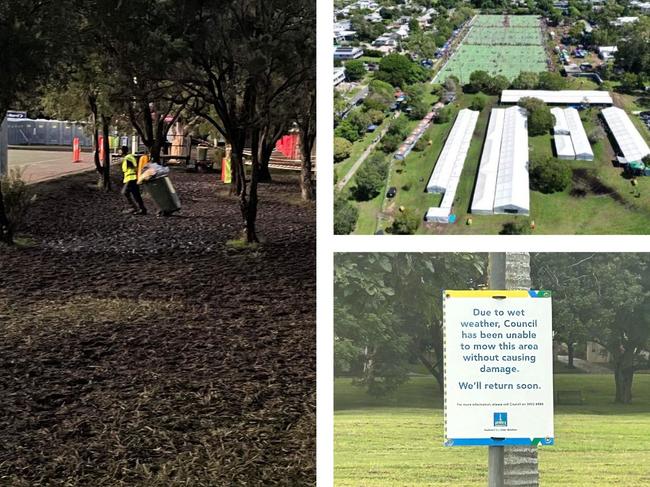 (Clockwise from top left) Large sections of public park were left a muddy mess; temporary marquees at the site; a Council sign saying Faulkner Park was too wet to mow.