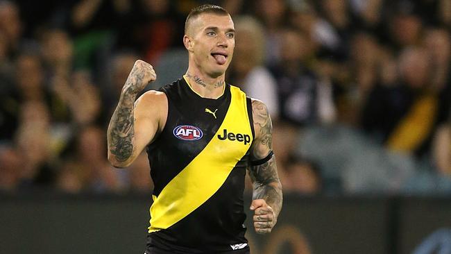 Dustin Martin kicks a goal in the second term. Picture: Wayne Ludbey