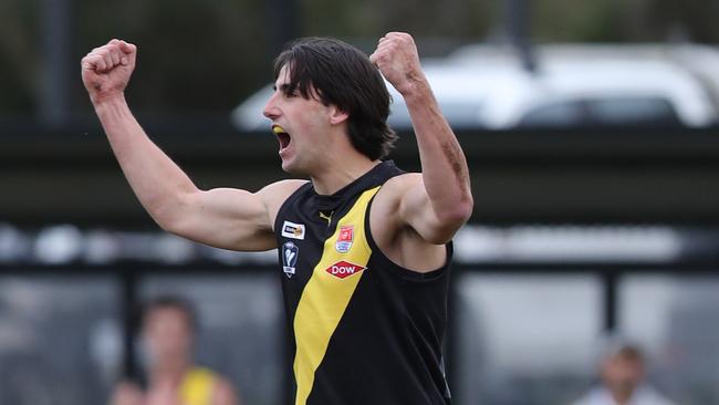 Torquay's Nathan Mifsud celebrates a goal. Torquay v Geelong Amateur football. Picture: Alan Barber